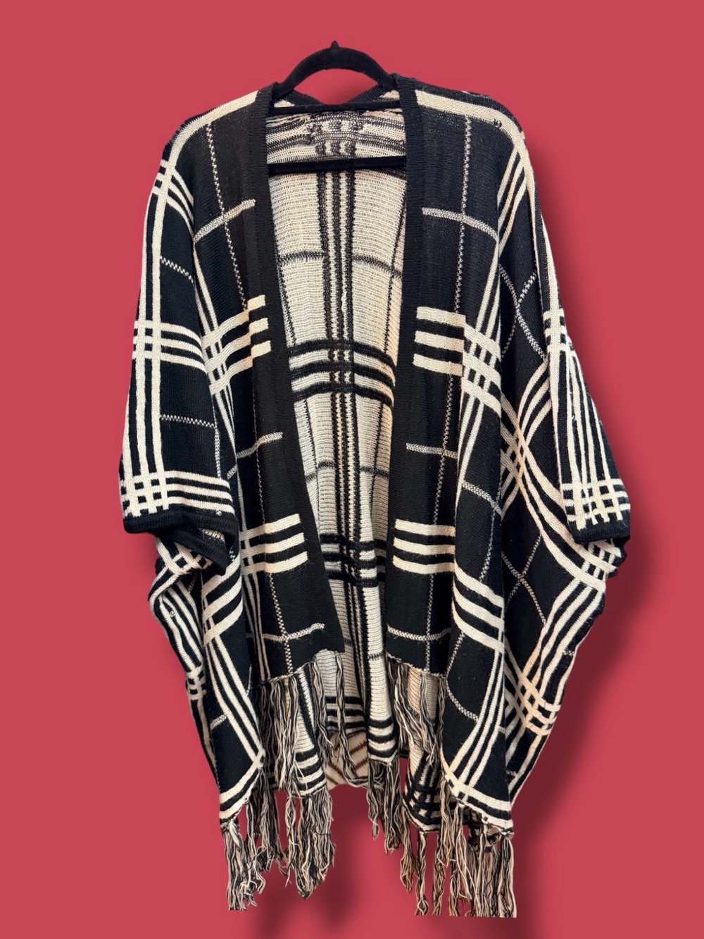 Black & Cream Plaid Fringe Open-Front Poncho